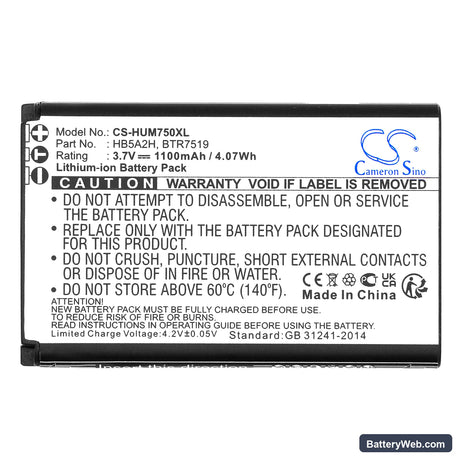 Huawei M750 Replacement Battery, 3.7V, 1100mAh, Li-ion 3