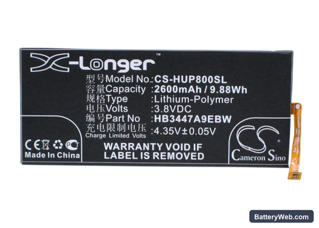 Huawei Ascend P8 Replacement Battery, 3.8V, 2600mAh, Li-Polymer 1