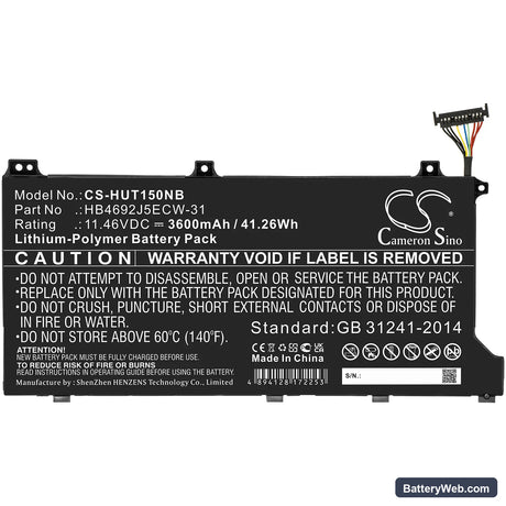 Huawei MateBook D 15 2020 Replacement Battery, 11.46V, 3600mAh, Li-Polymer 3