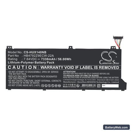 Honor Magicbook 14 i7-1165G7 Replacement Battery, 7.64V, 7330mAh, Li-Polymer 3