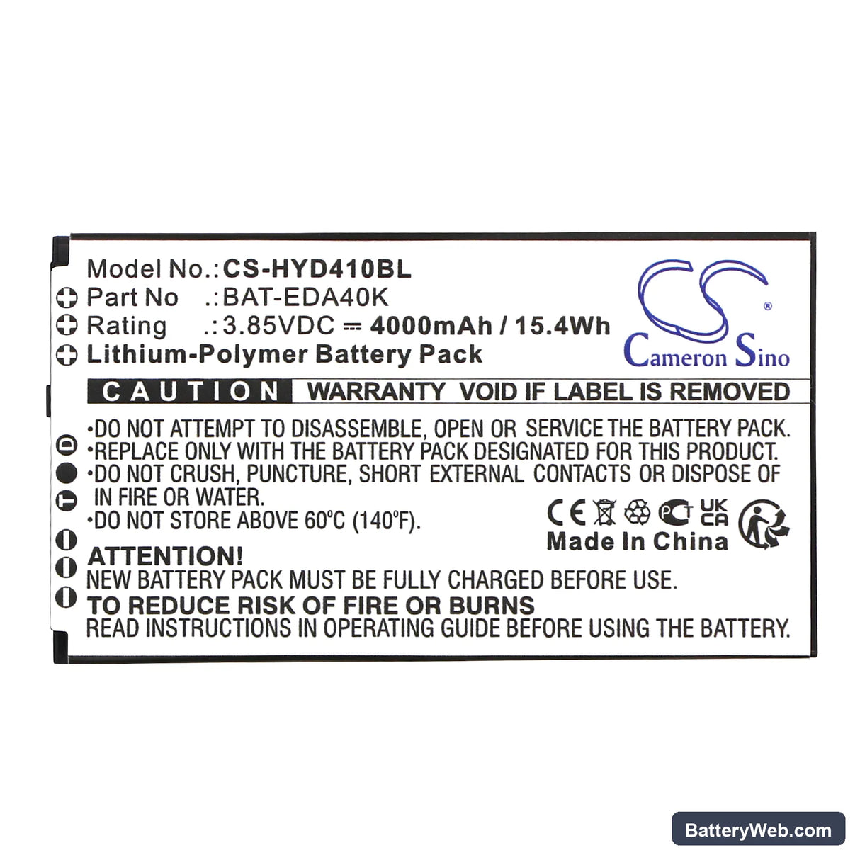 Honeywell EDA40K Replacement Battery, 3.85V, 4000mAh, Li-Polymer 3