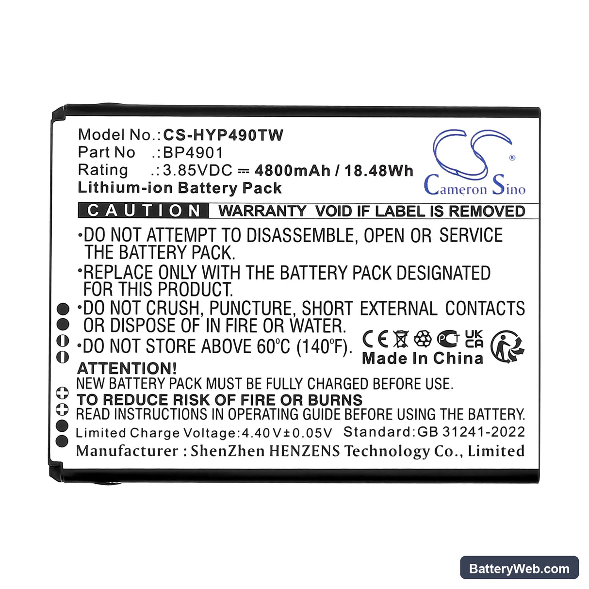 Hytera PNC560 Replacement Battery, 3.85V, 4800mAh, Li-ion 3