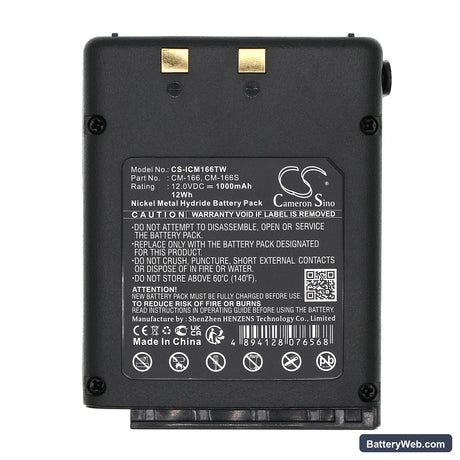 Icom IC-A3 Replacement Battery, 12V, 1000mAh, Ni-MH 5