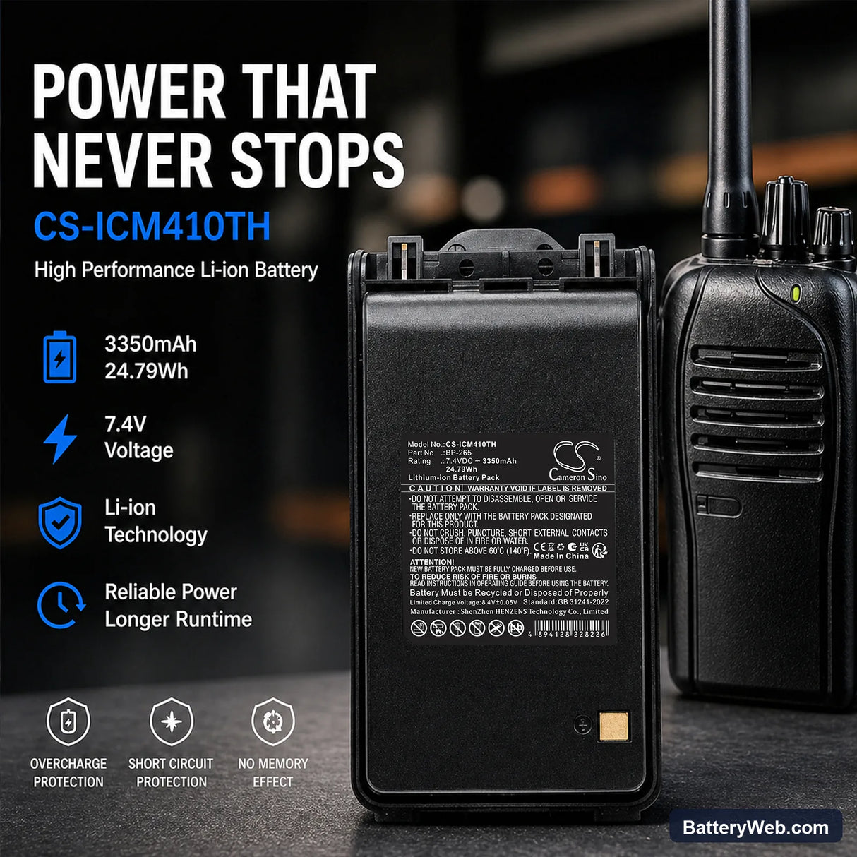 Icom IC-3101 Replacement Battery, 7.4V, 3350mAh, Li-ion 7