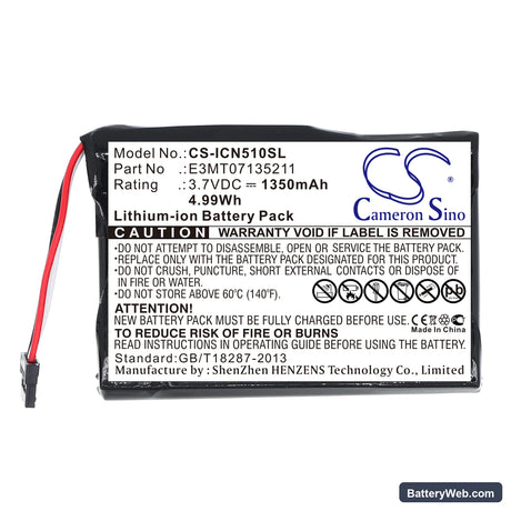Navman iCN 510 Replacement Battery, 3.7V, 1350mAh, Li-ion 3
