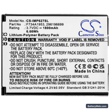 Ingenico IMP627 Replacement Battery, 3.7V, 1800mAh, Li-Polymer 3