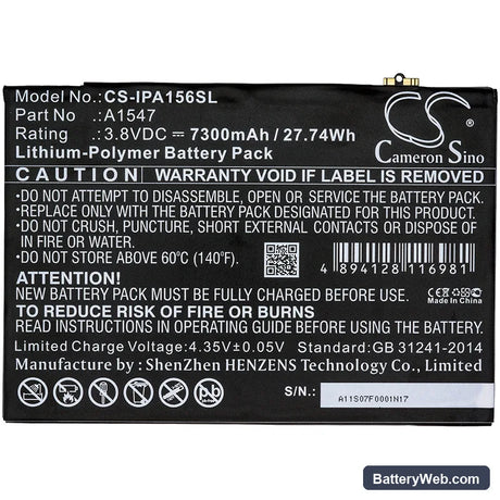 Apple iPad Air 2 Replacement Battery, 3.8V, 7300mAh, Li-Polymer 3