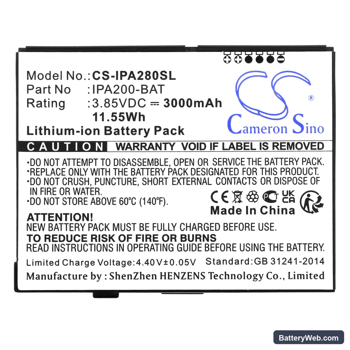 Ingenico iPA200 Replacement Battery, 3.85V, 3000mAh, Li-ion 3