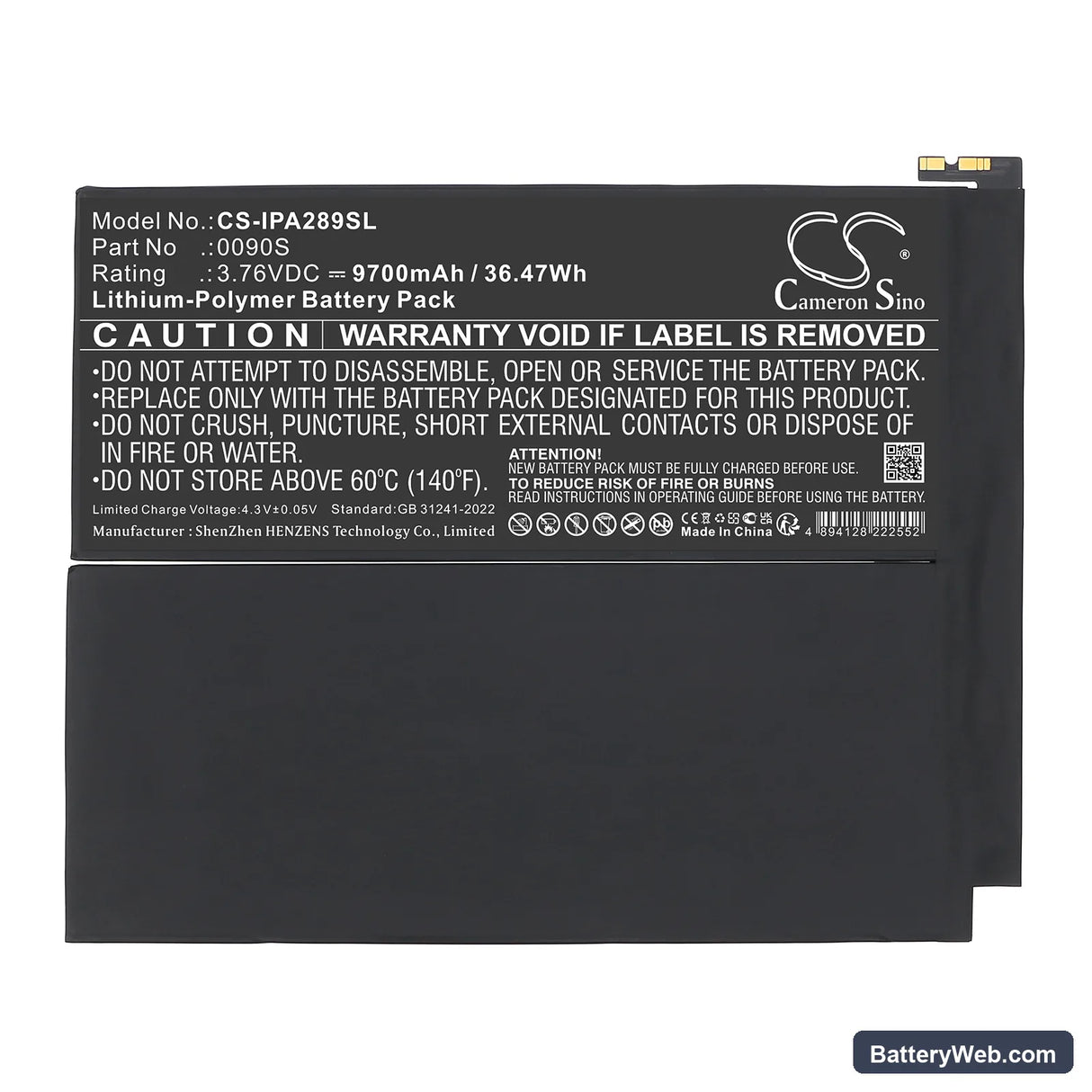Apple A2898 Replacement Battery, 3.76V, 9700mAh, Li-Polymer 4