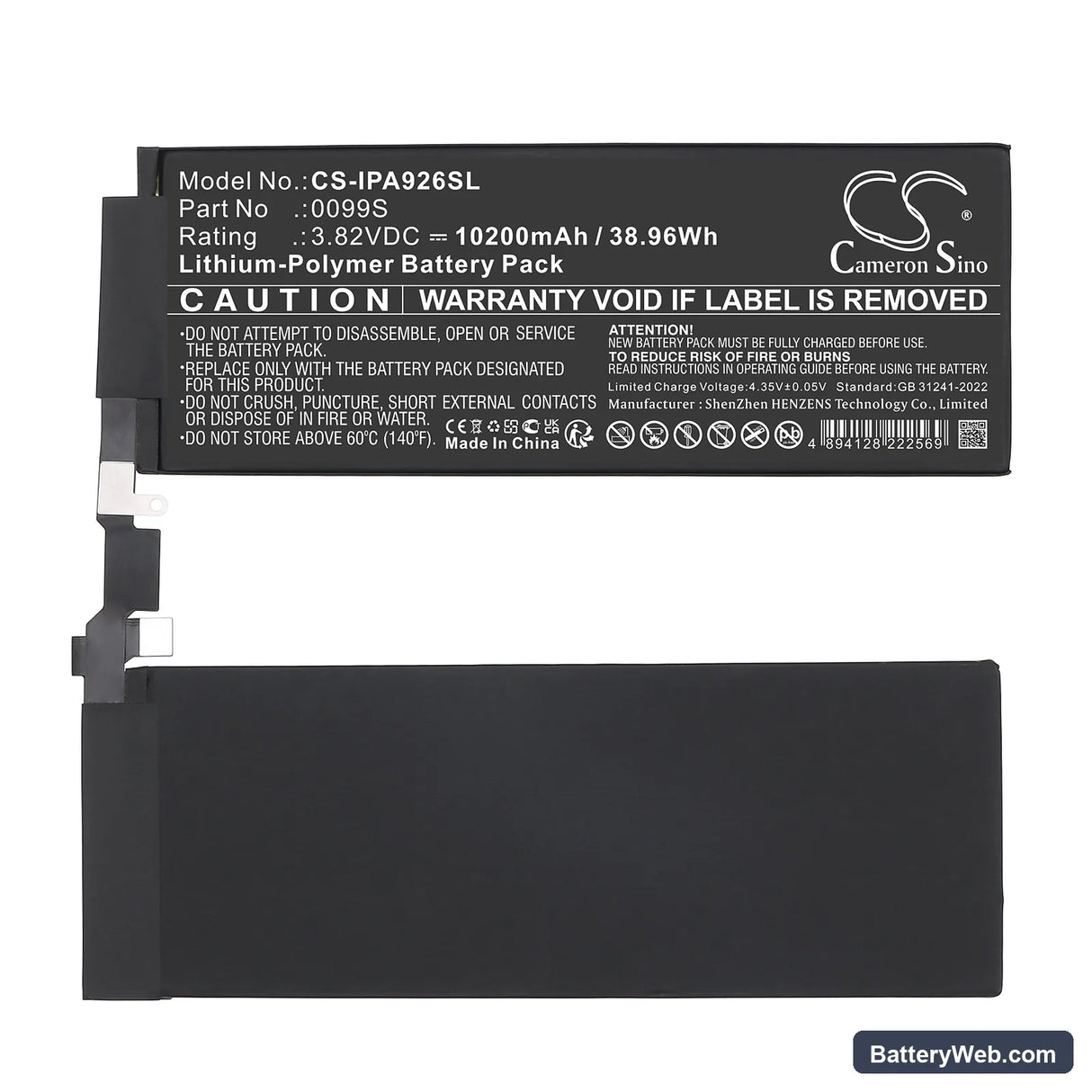 Apple A2925 Replacement Battery, 3.82V, 10200mAh, Li-Polymer 4