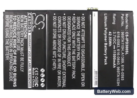 Apple iPad 3 Replacement Battery, 3.7V, 11500mAh, Li-Polymer 5