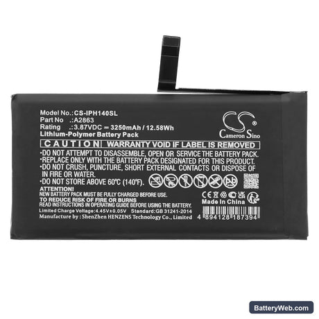 Apple iPhone 14 Replacement Battery, 3.87V, 3250mAh, Li-Polymer 3