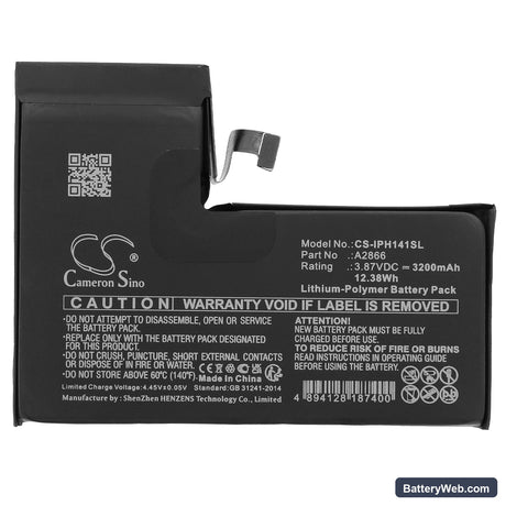 Apple iPhone 14 Pro Replacement Battery, 3.87V, 3200mAh, Li-Polymer 3