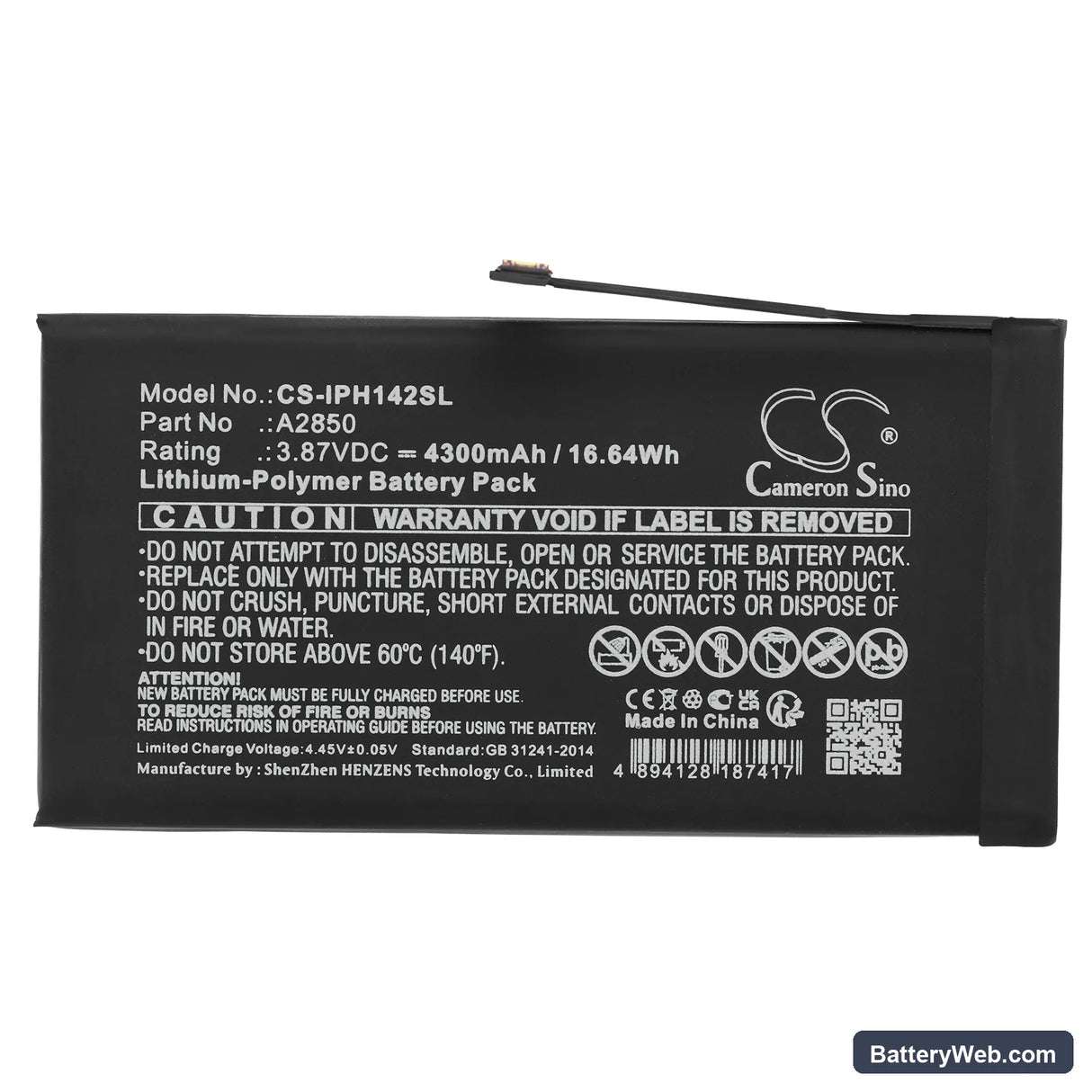 Apple iPhone 14 Plus Replacement Battery, 3.87V, 4300mAh, Li-Polymer 3