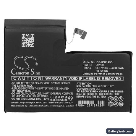 Apple iPhone 14 Pro Max Replacement Battery, 3.87V, 4300mAh, Li-Polymer 3