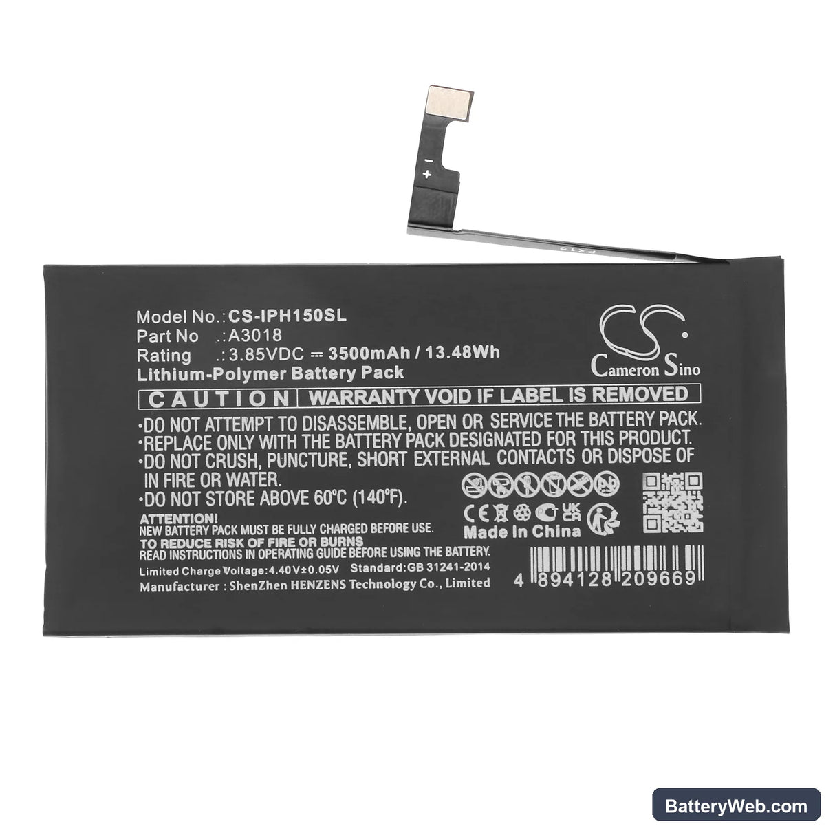 Apple iPhone 15 Replacement Battery, 3.85V, 3500mAh, Li-Polymer 3