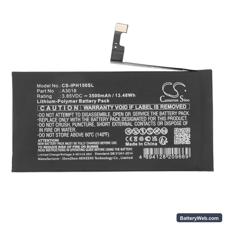 Apple iPhone 15 Replacement Battery, 3.85V, 3500mAh, Li-Polymer 3