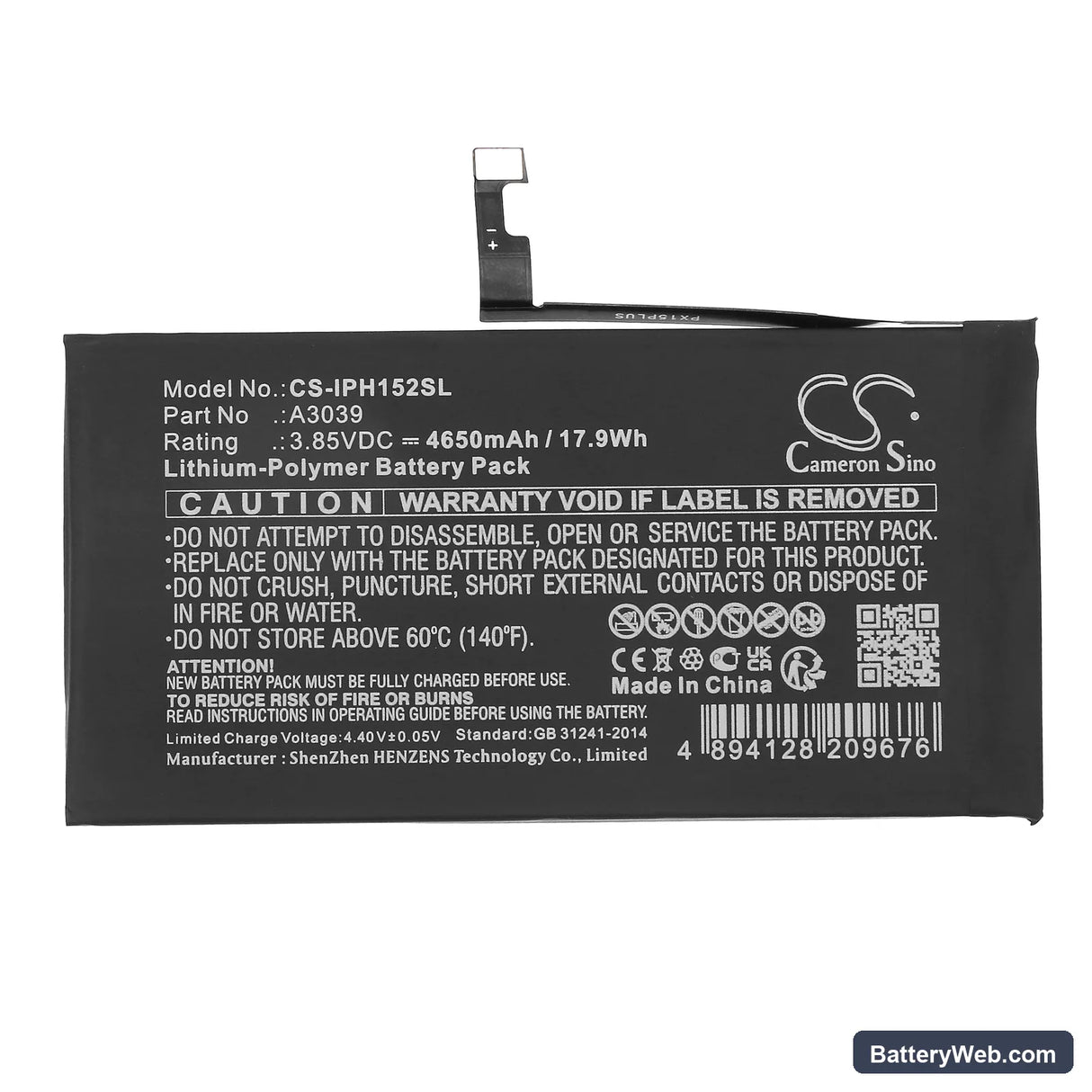 Apple iPhone 15 Plus Replacement Battery, 3.85V, 4650mAh, Li-Polymer 3