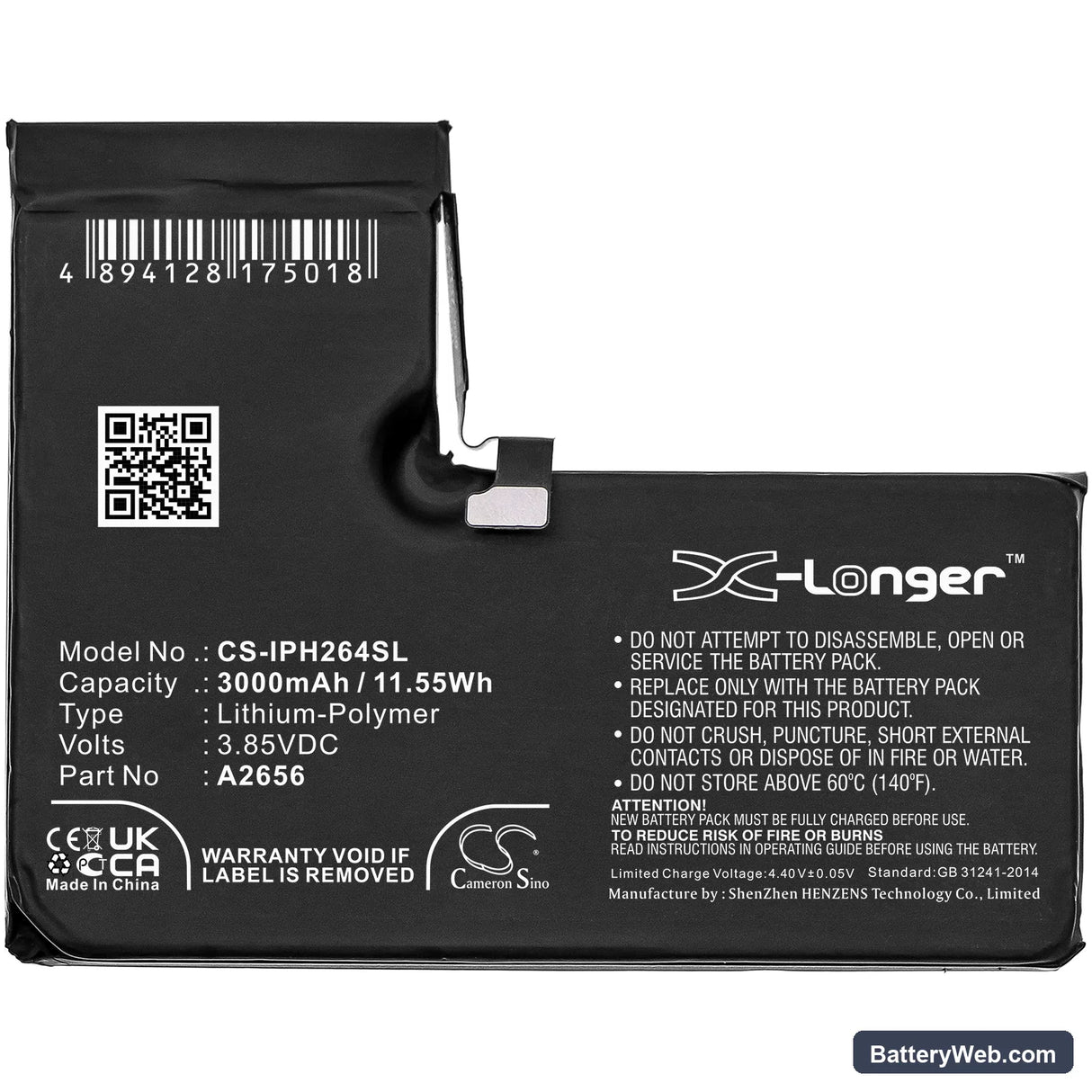 Apple iPhone 13 Pro Replacement Battery, 3.85V, 3000mAh, Li-Polymer 3