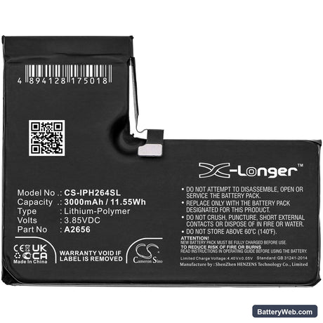 Apple iPhone 13 Pro Replacement Battery, 3.85V, 3000mAh, Li-Polymer 3