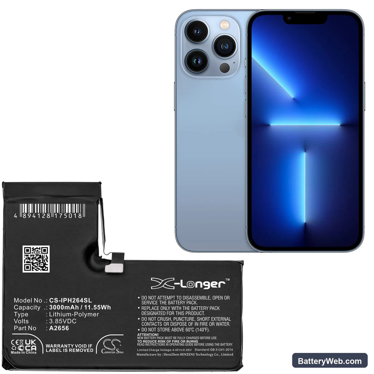 Apple iPhone 13 Pro Replacement Battery, 3.85V, 3000mAh, Li-Polymer 5