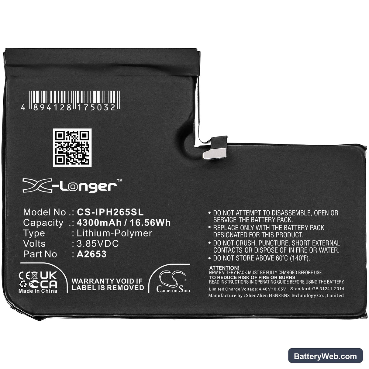 Apple iPhone 13 Pro Max Replacement Battery, 3.85V, 4300mAh, Li-Polymer 3