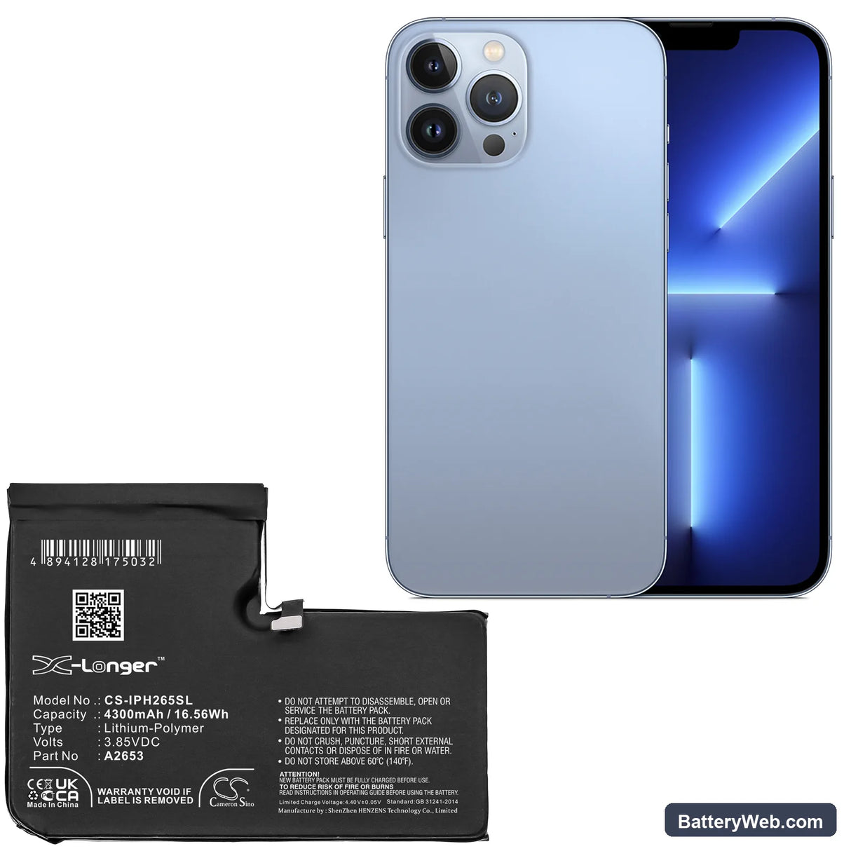 Apple iPhone 13 Pro Max Replacement Battery, 3.85V, 4300mAh, Li-Polymer 5