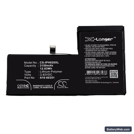 Apple iPhone X Replacement Battery, 3.82V, 3150mAh, Li-Polymer 3