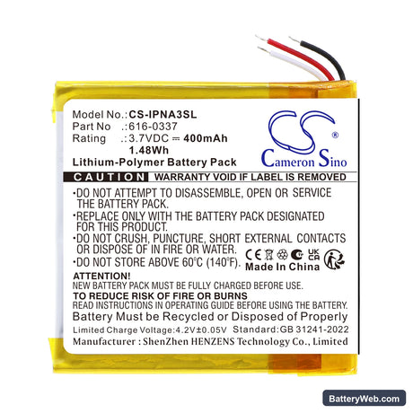 Apple iPod Nano 3rd 4GB Replacement Battery, 3.7V, 400mAh, Li-Polymer 3
