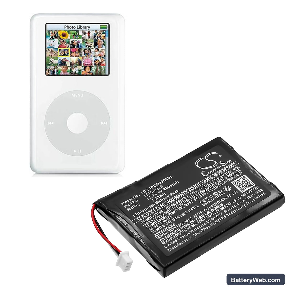 Apple iPOD Photo Replacement Battery, 3.7V, 900mAh, Li-ion 6