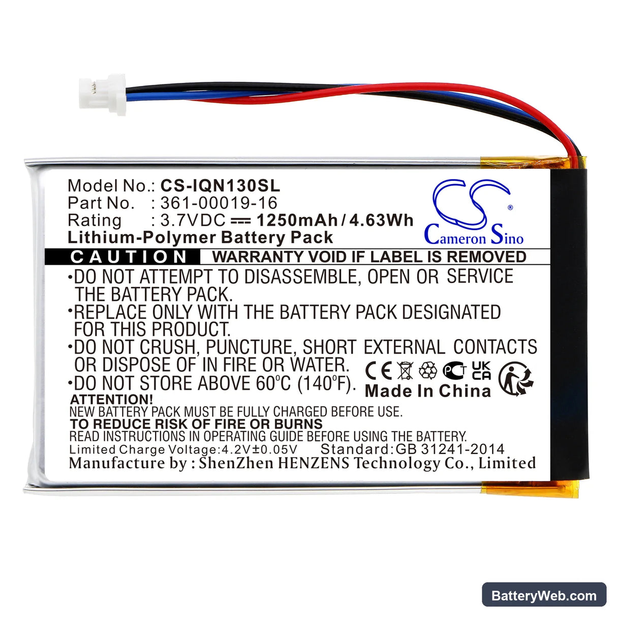 Garmin Nuvi 1300 Replacement Battery, 3.7V, 1250mAh, Li-Polymer 3