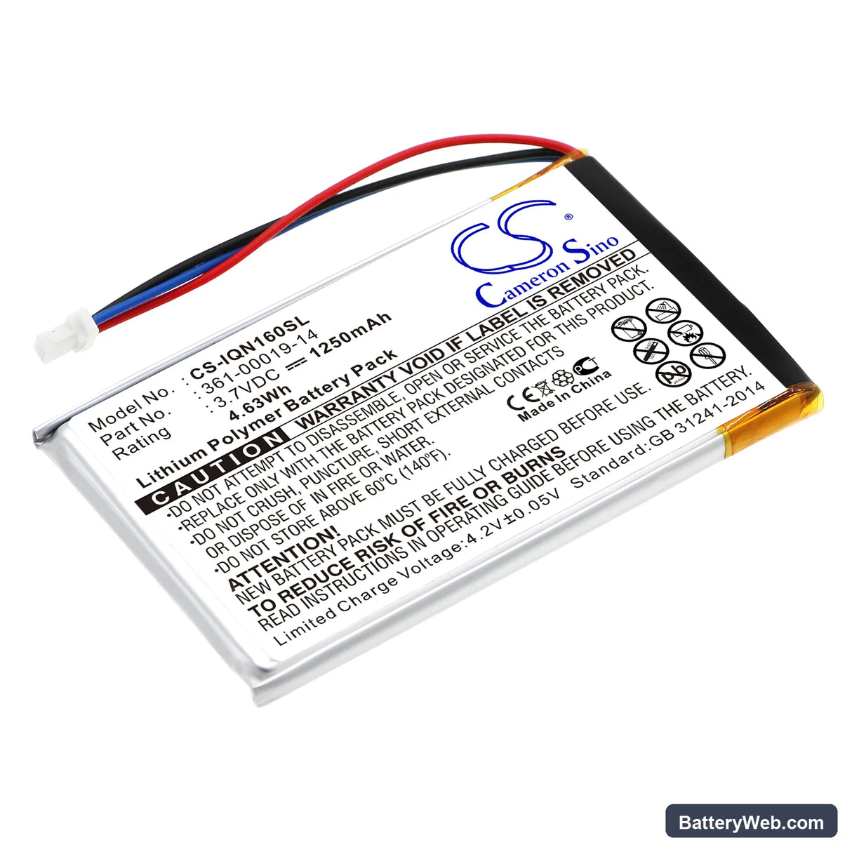 Garmin Nuvi 1690 Replacement Battery, 3.7V, 1250mAh, Li-Polymer 1