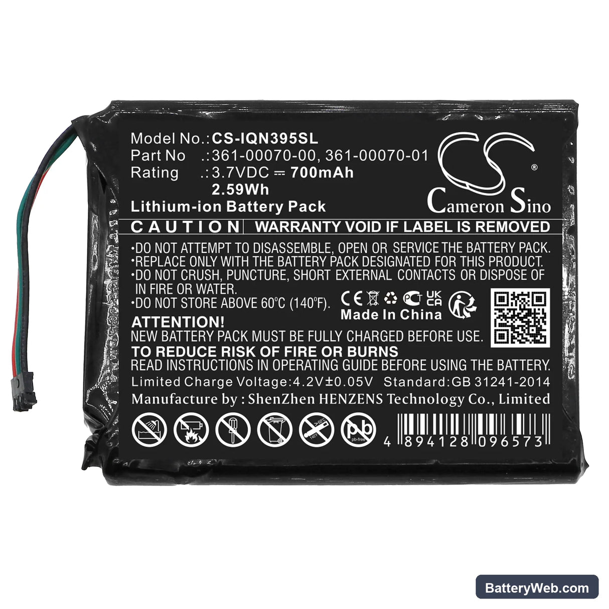 Garmin 3597LMT Replacement Battery, 3.7V, 700mAh, Li-ion 3