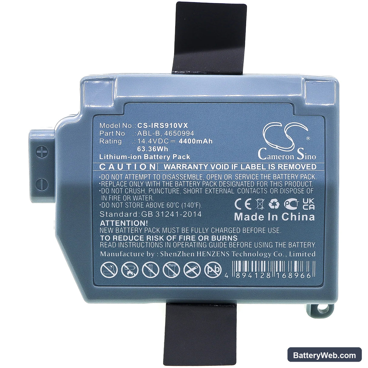 iRobot Roomba S9 Replacement Battery, 14.4V, 4400mAh, Li-ion 3