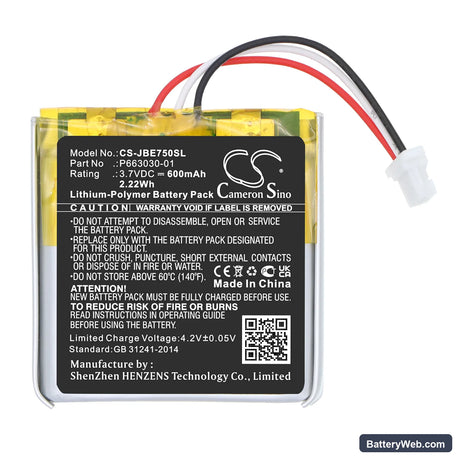 JBL Everest 750 Replacement Battery, 3.7V, 600mAh, Li-Polymer 3