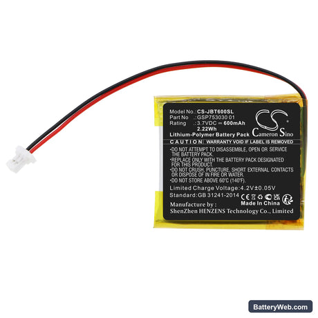 JBL T600 BT Replacement Battery, 3.7V, 600mAh, Li-Polymer 3