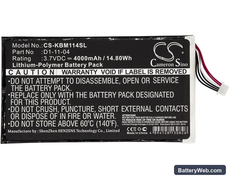 Kobo Vox Replacement Battery, 3.7V, 4000mAh, Li-Polymer 3