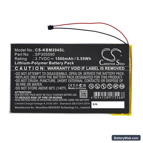 Kobo Aura HD Replacement Battery, 3.7V, 1500mAh, Li-Polymer 3