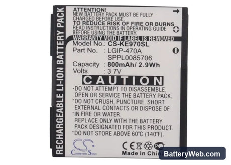 LG KE970 Replacement Battery, 3.7V, 800mAh, Li-ion 5