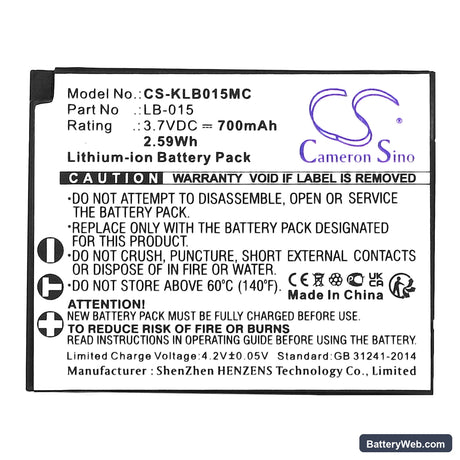 Kodak WPZ2 Replacement Battery, 3.7V, 700mAh, Li-ion 3