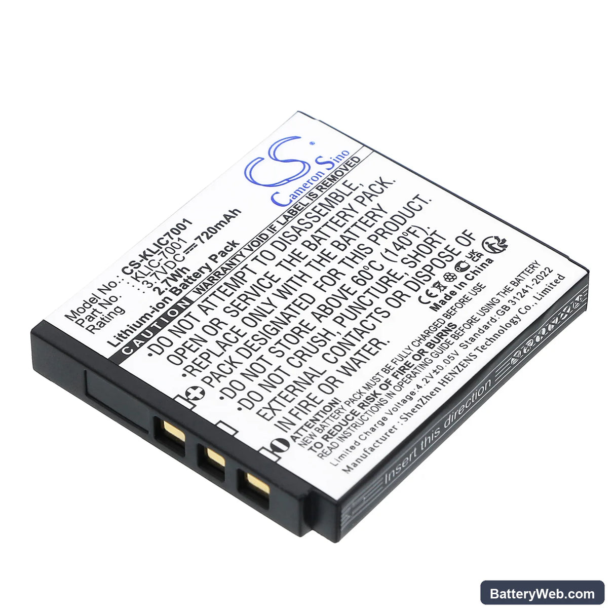 Agfa Optima 1338 Replacement Battery, 3.7V, 720mAh, Li-ion 1