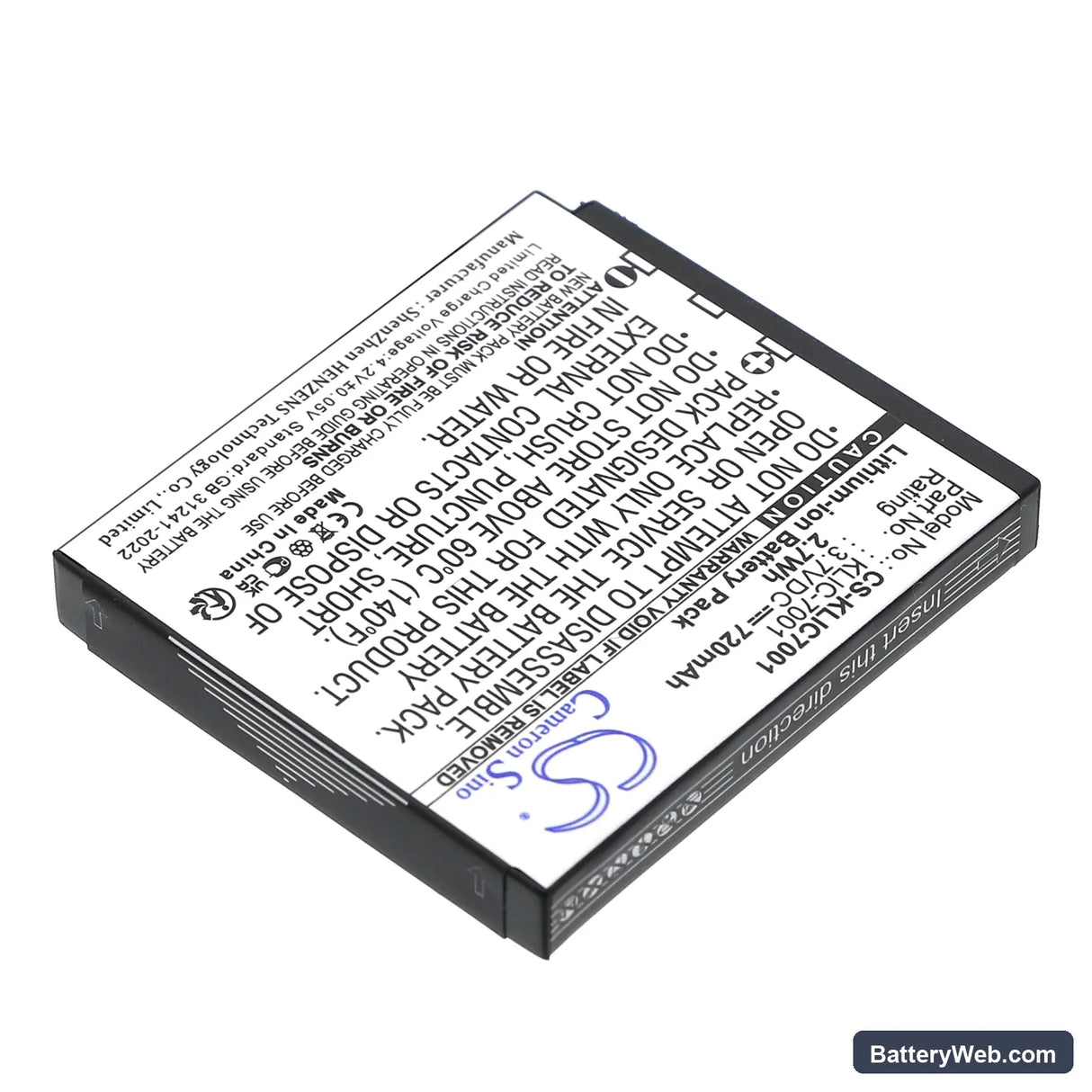 Agfa Optima 1338 Replacement Battery, 3.7V, 720mAh, Li-ion 2