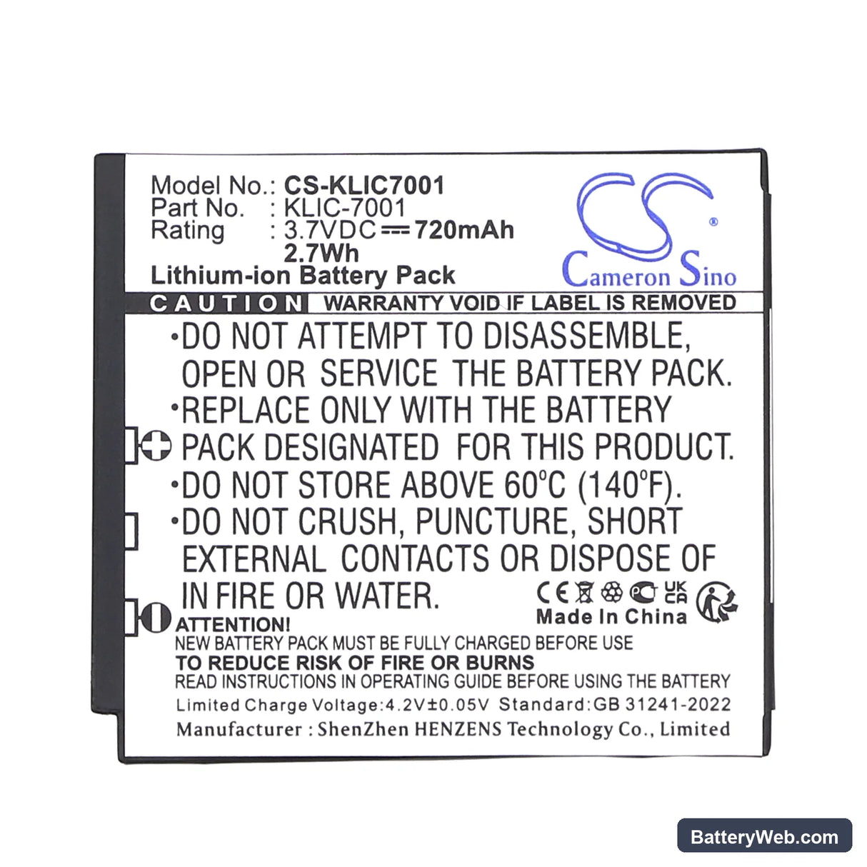 Agfa Optima 1338 Replacement Battery, 3.7V, 720mAh, Li-ion 4