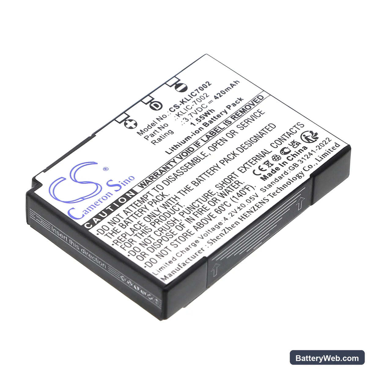 Kodak EasyShare V530 Replacement Battery, 3.7V, 420mAh, Li-ion 1