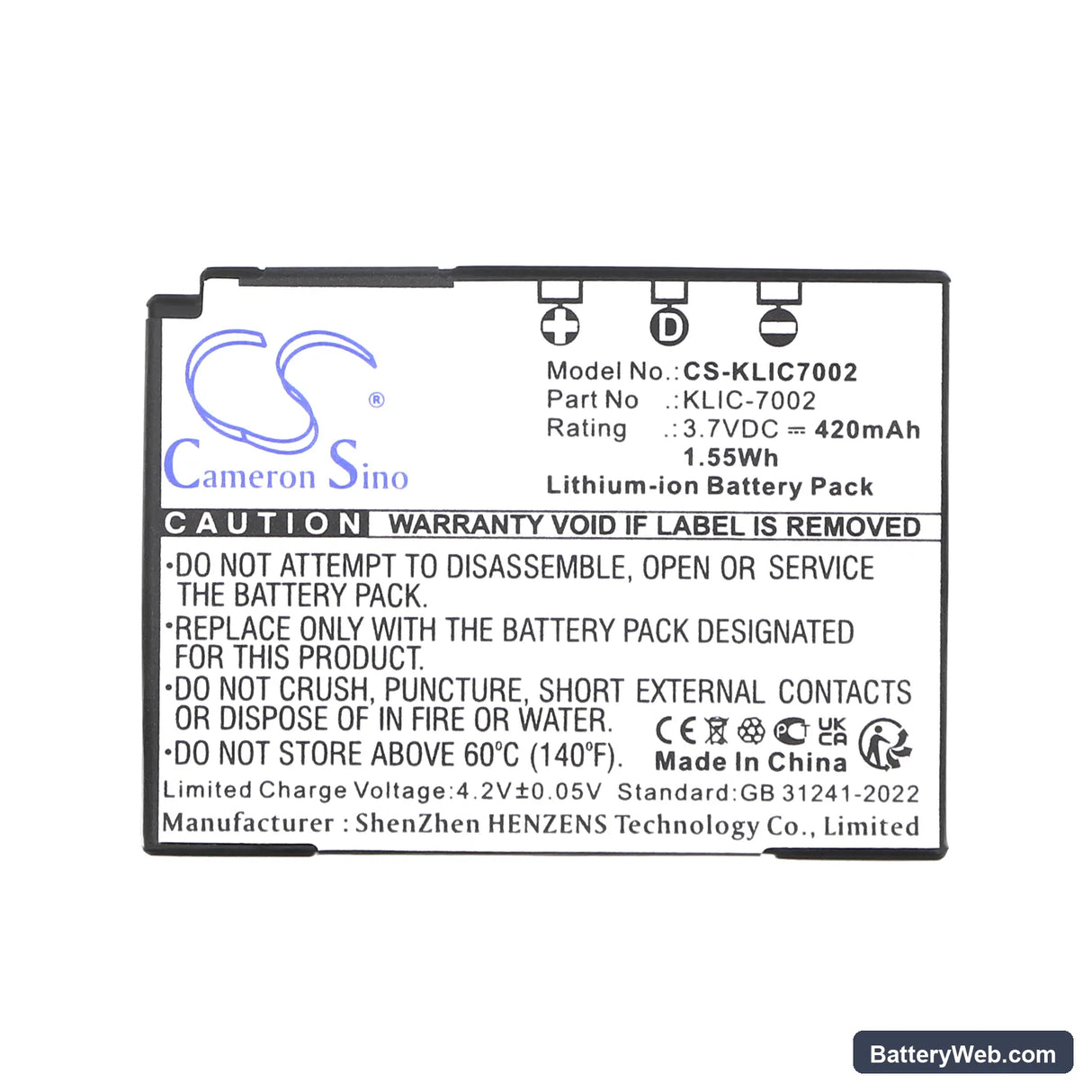 Kodak EasyShare V530 Replacement Battery, 3.7V, 420mAh, Li-ion 4