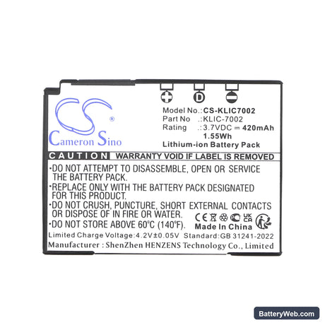 Kodak EasyShare V530 Replacement Battery, 3.7V, 420mAh, Li-ion 4