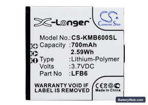 KAZAM Life B6 Replacement Battery, 3.7V, 700mAh, Li-ion 1