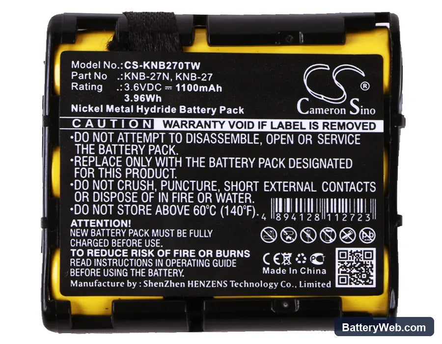 Kenwood TK-3130 Replacement Battery, 3.6V, 1100mAh, Ni-MH 5