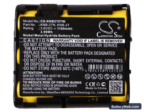 Kenwood TK-3130 Replacement Battery, 3.6V, 1100mAh, Ni-MH 5