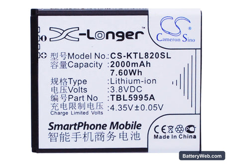K-Touch L820 Replacement Battery, 3.8V, 2000mAh, Li-ion 1